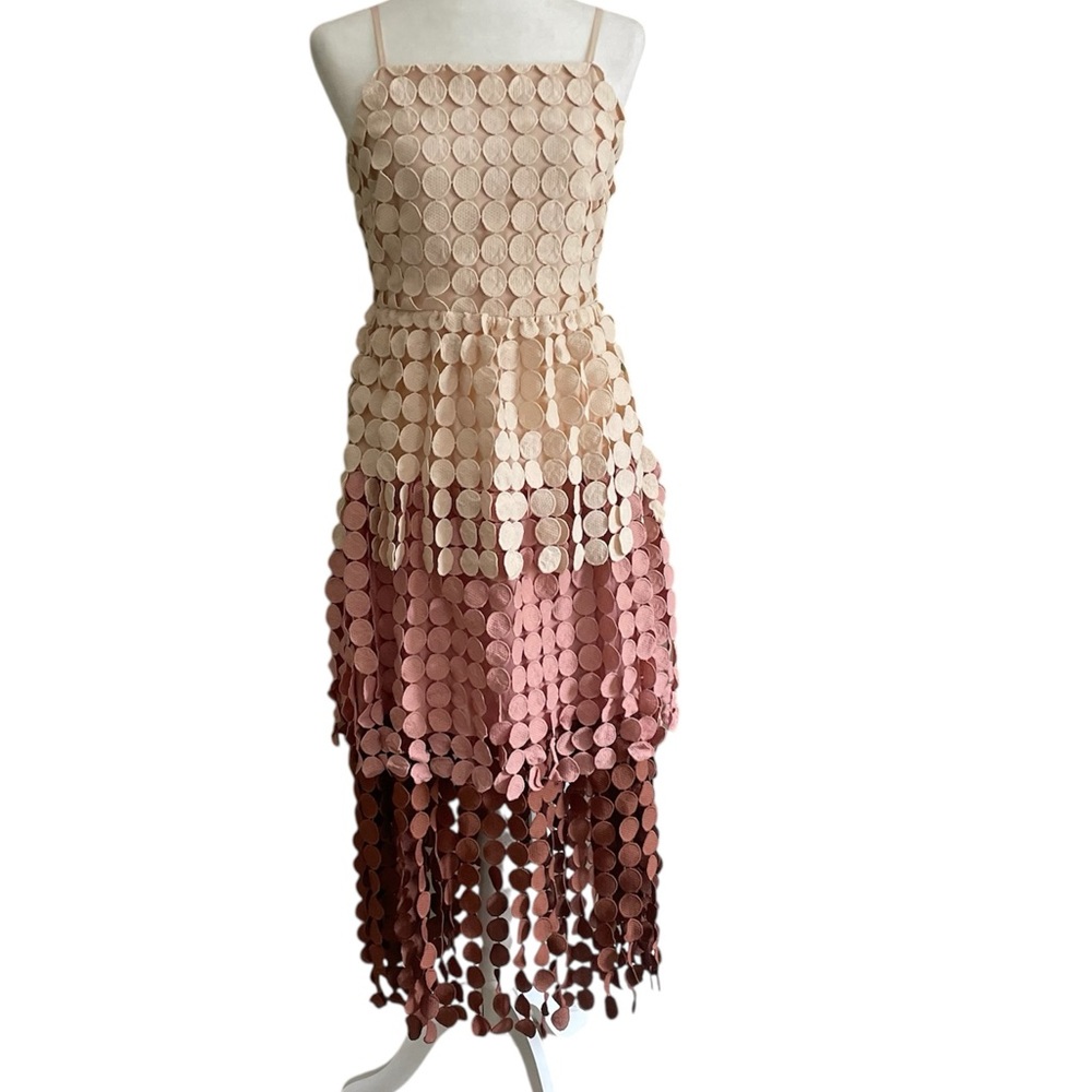 NWT Just Me Circle Fringe Sheath Dress In Cream/Pink/Brown Lined Hidden Zipper S